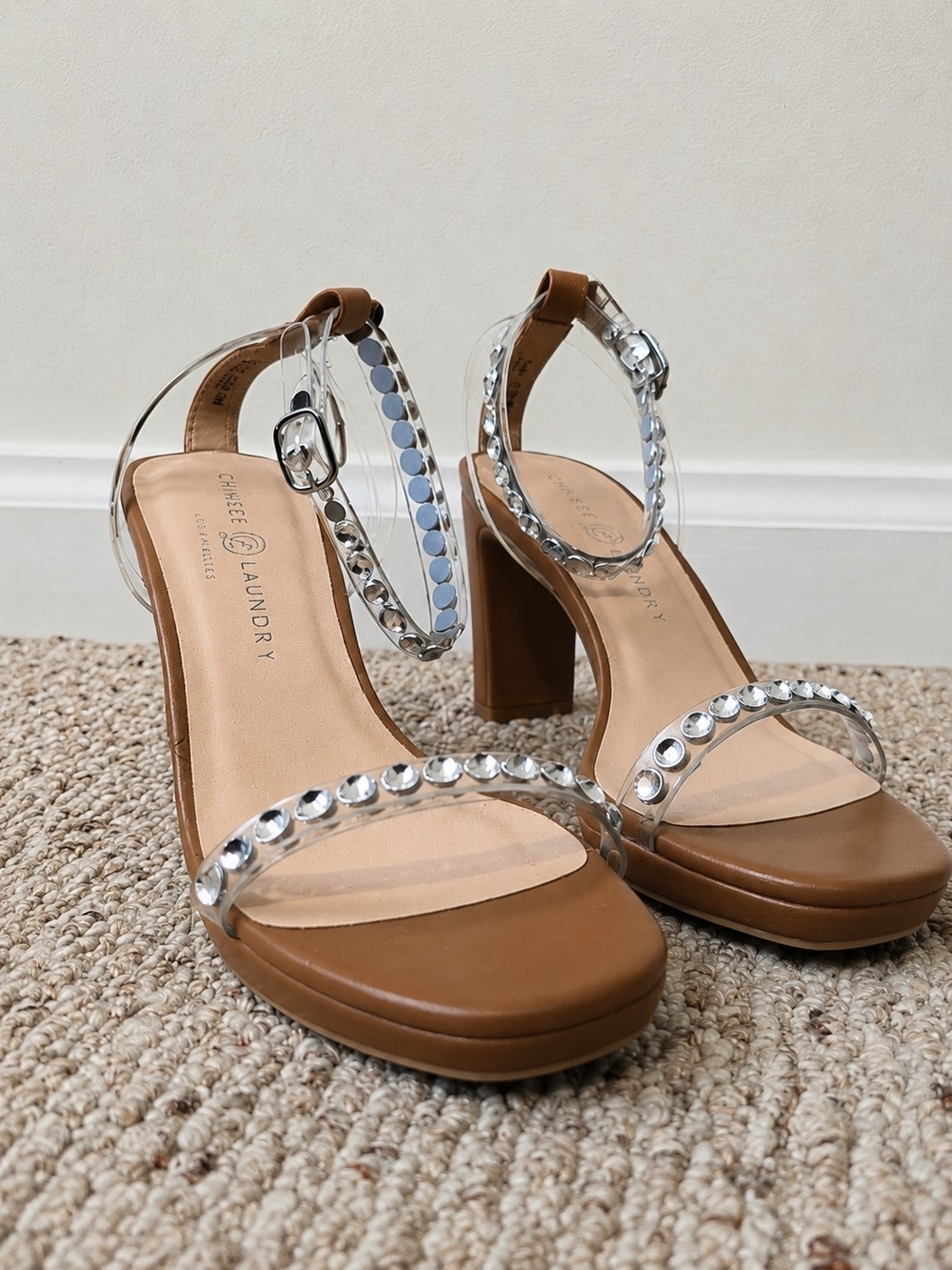 Chinese Laundry Brown Platform Heels with Clear Gem Straps